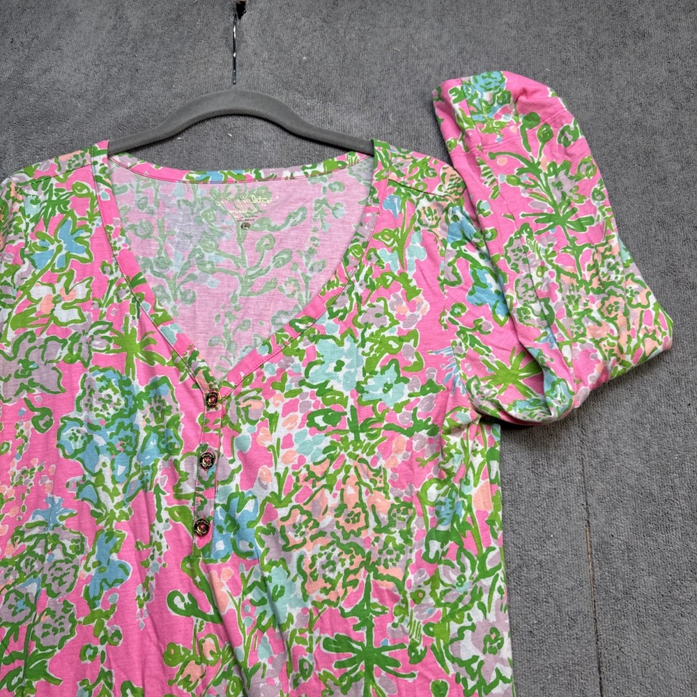 Lilly Pulitzer Pink Green Floral Print Dress Large V Neck 3/4 Sleeve Resort